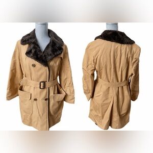 Vintage Davis of Boston Faux Fur Collar Coat Women’s M/L Camel Belted